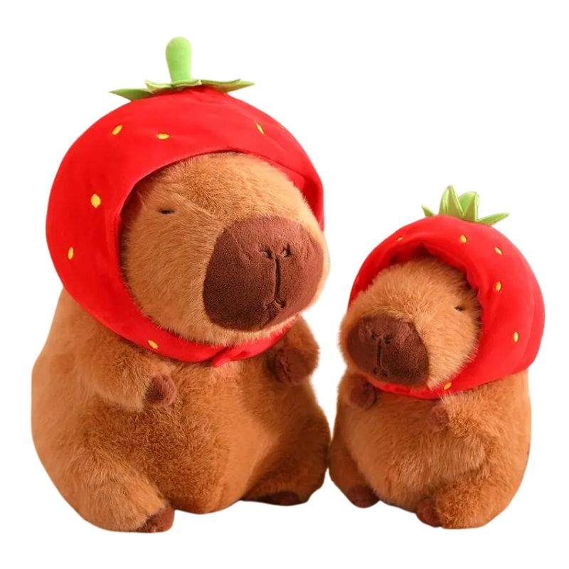 Capivara de Pelúcia com Capuz de Morango e Mochila de Tartaruga