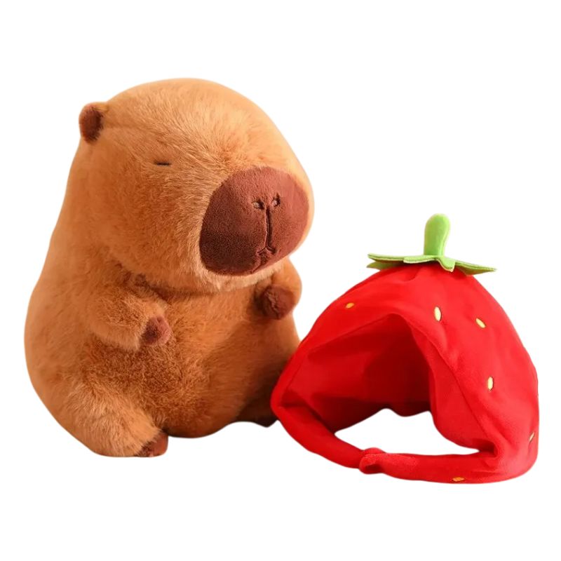 Capivara de Pelúcia com Capuz de Morango e Mochila de Tartaruga