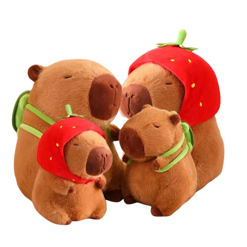 Capivara de Pelúcia com Capuz de Morango e Mochila de Tartaruga